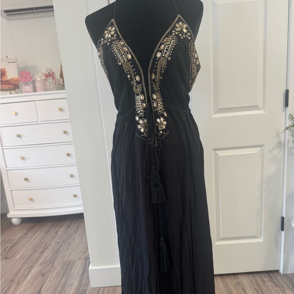 Embellished Black Maxi Dress with Bead Detail